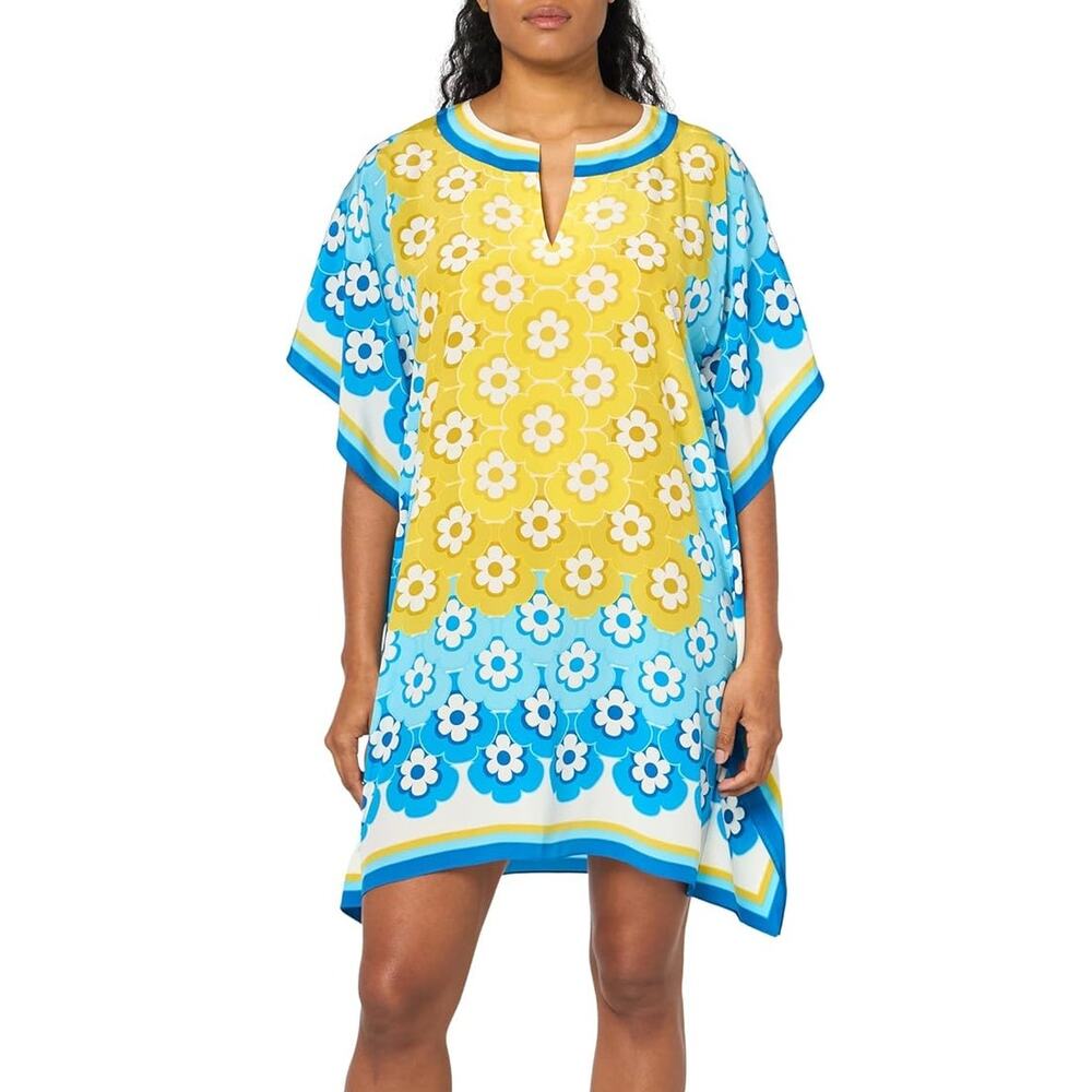 Trina Turk Theodora Floral Kimono V-Neck Caftan Mini Dress Blue Yellow XS / S